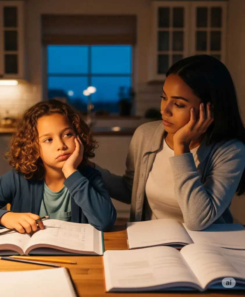 une femme et son enfant assis au bureau avec des livres ouverts