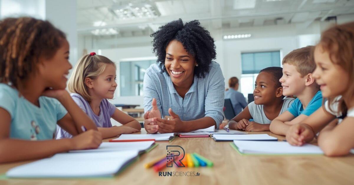 une femme qui parle avec des enfants tout autour d'elle