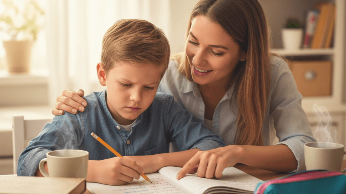 une femme et son enfant qui écrit sur un cahier