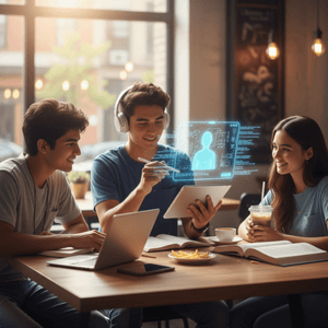 2 garçons et une fille avec leur ordinateur à travailler
