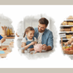 maths importants, un enfant qui cuisine, 2 enfants au supermarché, un parent et un enfant qui comptent de l'argent