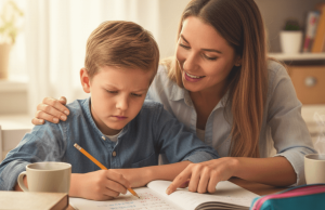 une femme et son enfant qui écrit sur un cahier