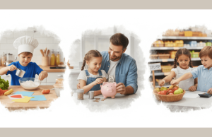 maths importants, un enfant qui cuisine, 2 enfants au supermarché, un parent et un enfant qui comptent de l'argent