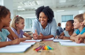 une femme qui parle avec des enfants tout autour d'elle